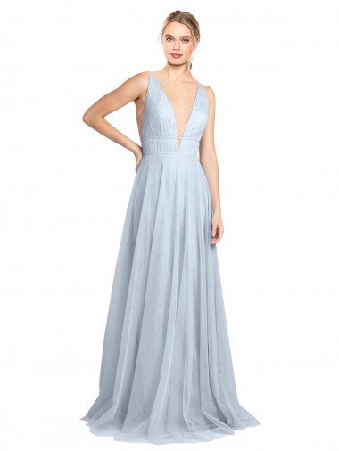 Cheapest Plunging Deep V-Neck Long Tulle Bridesmaid Dress with V-Back UK