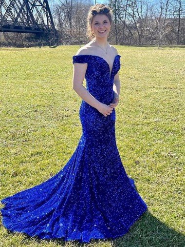 Cheapest Off the Shoulder Sleeveless Long Sweep Train Velvet Sequin Prom Dress UK