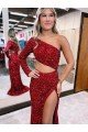 Cheapest Mermaid One Shoulder Long Sleeves Long Sweep Train Velvet Sequin Prom Dress with High Slit UK