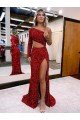 Cheapest Mermaid One Shoulder Long Sleeves Long Sweep Train Velvet Sequin Prom Dress with High Slit UK