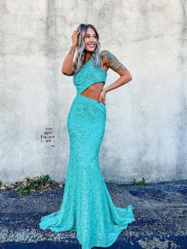 Cheapest Mermaid One Shoulder Sleeveless Long Sweep Train Velvet Sequin Prom Dress UK