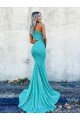 Cheapest Mermaid One Shoulder Sleeveless Long Sweep Train Velvet Sequin Prom Dress UK