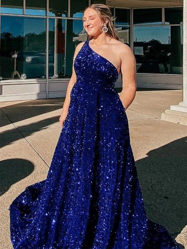 Cheapest A-Line One Shoulder Sleeveless Long Sweep Train Velvet Sequin Prom Dress with Pockets UK