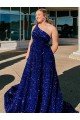 Cheapest A-Line One Shoulder Sleeveless Long Sweep Train Velvet Sequin Prom Dress with Pockets UK