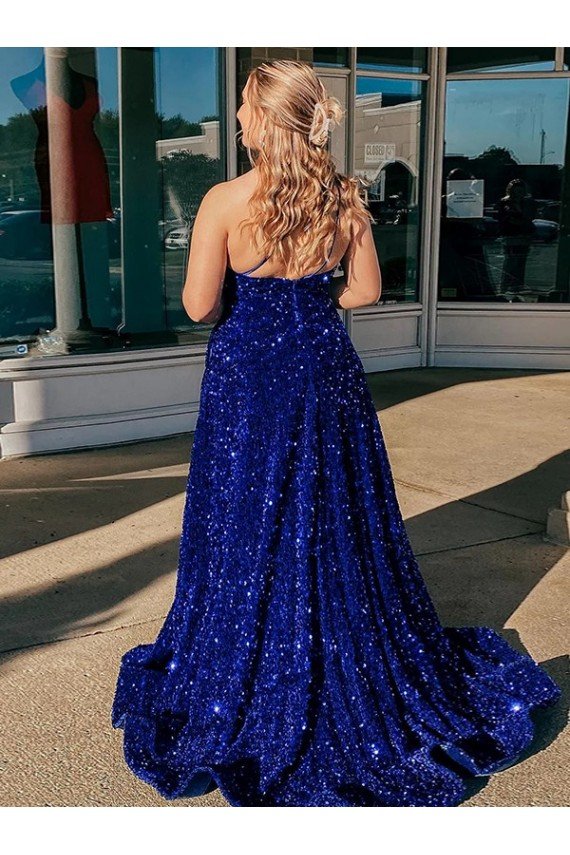 Cheapest A-Line One Shoulder Sleeveless Long Sweep Train Velvet Sequin Prom Dress with Pockets UK