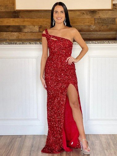 Cheapest One Shoulder Sleeveless Long Sweep Train Velvet Sequin Prom Dress UK