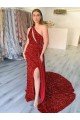 Cheapest One Shoulder Sleeveless Long Court Train Velvet Sequin Prom Dress with Slit UK