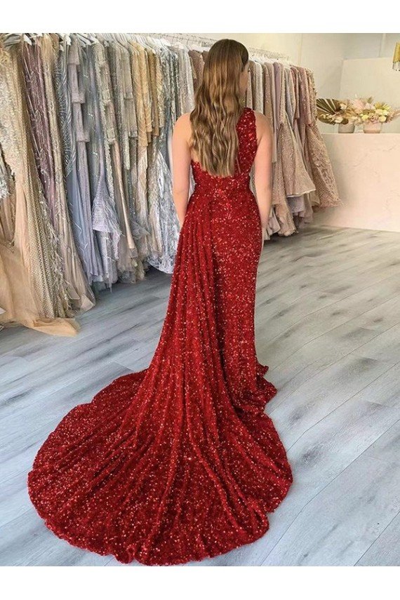 Cheapest One Shoulder Sleeveless Long Court Train Velvet Sequin Prom Dress with Slit UK