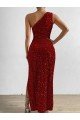 Cheapest One Shoulder Sleeveless Long Floor Length Velvet Sequin Prom Dress with Slit UK