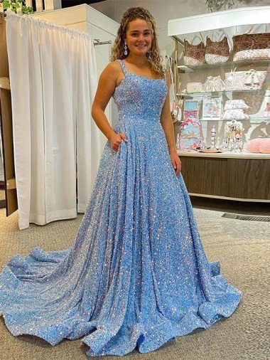 Cheapest A-Line Scoop Sleeveless Long Court Train Velvet Sequin Prom Dress UK