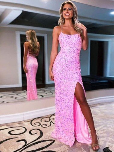 Cheapest Spaghetti Straps Sleeveless Long Sweep Train Velvet Sequin Prom Dress with Slit UK