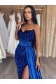 Cheapest Sweetheart Sleeveless Long Sweep Train Velvet Sequin Prom Dress with Slit UK