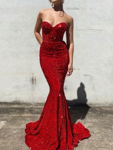 Cheapest Mermaid Sweetheart Sleeveless Long Court Train Velvet Sequin Prom Dress UK