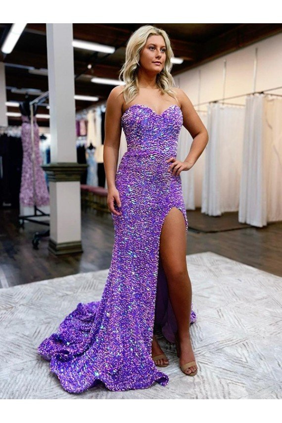 Cheapest A-Line Sweetheart Sleeveless Long Velvet Sequin Prom Dress with Slit UK