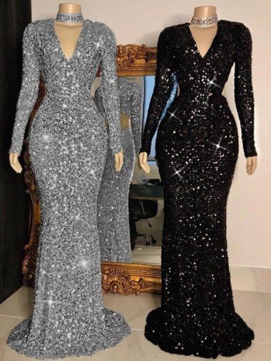 Cheapest V-Neck Long Sleeves Long Sweep Train Velvet Sequin Prom Dress UK