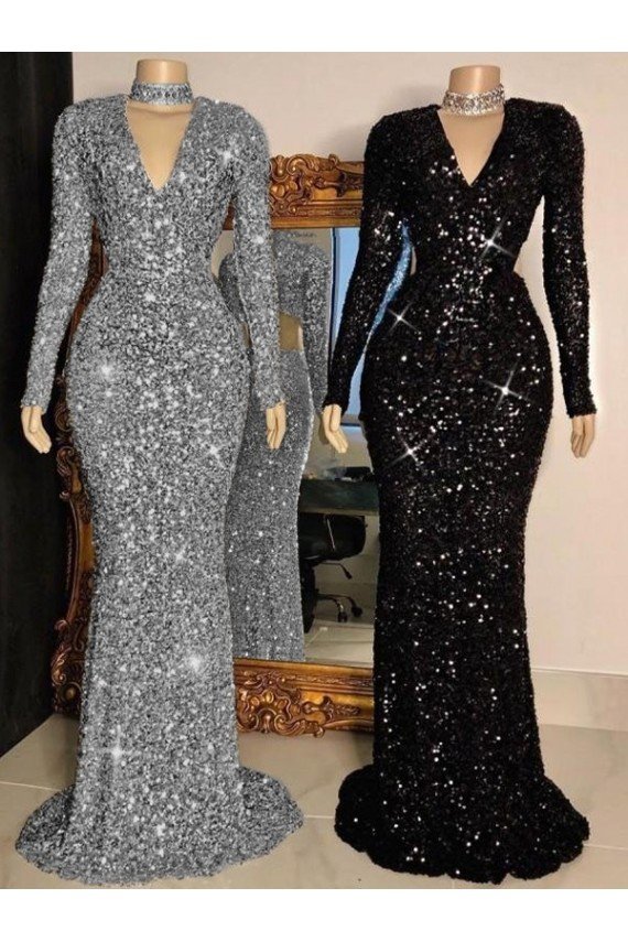 Cheapest V-Neck Long Sleeves Long Sweep Train Velvet Sequin Prom Dress UK