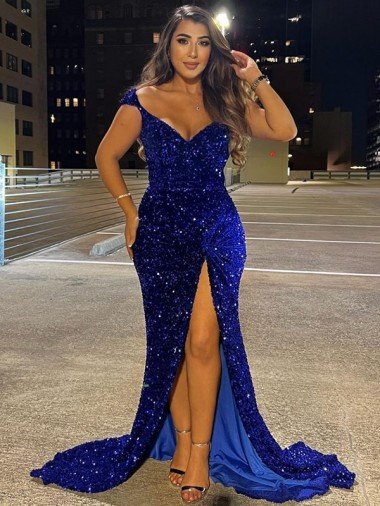 Cheapest V-Neck Sleeveless Long Sweep Train Velvet Sequin Prom Dress with Slit UK