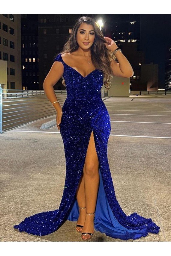 Cheapest V-Neck Sleeveless Long Sweep Train Velvet Sequin Prom Dress with Slit UK