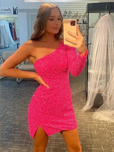 Cheapest Short Velvet Sequin One Shoulder Long Sleeves Homecoming Dress / Prom Dress UK