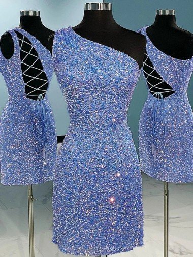 Cheapest Short Velvet Sequin One Shoulder Sleeveless Homecoming Dress / Prom Dress UK