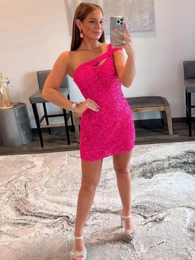 Cheapest Velvet Sequin One Shoulder Sleeveless Short Homecoming Dress / Prom Dress UK