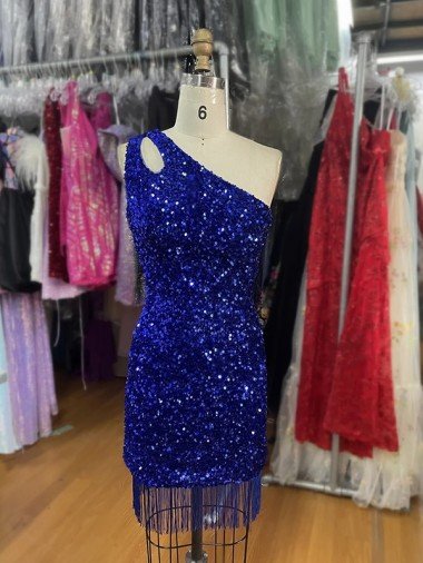 Cheapest One Shoulder Keyhole Sleeveless Short Velvet Sequin Homecoming Dress / Prom Dress UK