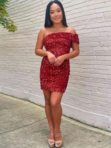 Cheapest Short One Shoulder Sleeveless Velvet Sequin Cocktail Homecoming Dress / Prom Dress UK