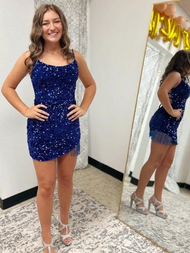 Cheapest Spaghetti Straps Backless Sleeveless Short Velvet Sequin Homecoming Dress / Prom Dress UK