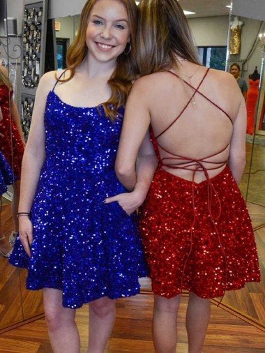 Cheapest A-Line Spaghetti Straps Sleeveless Short Velvet Sequin Homecoming Dress / Prom Dress UK