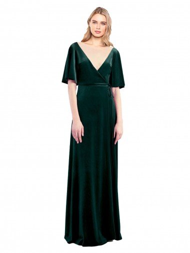 Cheapest Deep V-Neck Flutter Sleeves Long Velvet Wrap Bridesmaid Dress / Prom Dress UK