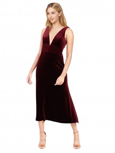 Cheapest Daring Plunging V-Neckline Short Midi Cocktail Length Velvet Bridesmaid Dress / Prom Dress UK