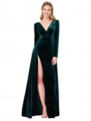 Cheapest Deep V-Neck Long Sleeves Formal Velvet Bridesmaid Dress / Prom Dress with High Side Split UK