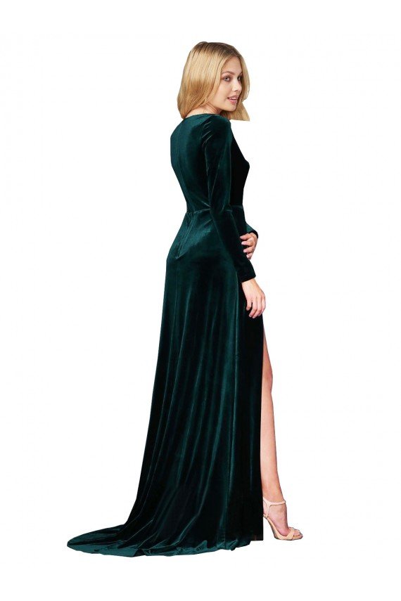 Cheapest Deep V-Neck Long Sleeves Formal Velvet Bridesmaid Dress / Prom Dress with High Side Split UK