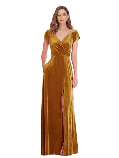 Cheapest Cap Sleeve Faux Wrap Formal Velvet Maxi Bridesmaid Dress / Prom Dress with Pockets UK