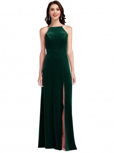 Cheapest Velvet Halter Maxi Bridesmaid Dress / Prom Dress with Front Slit UK