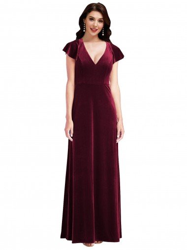 Cheapest Flutter Sleeve Velvet Maxi Bridesmaid Dress / Prom Dress with Pockets UK