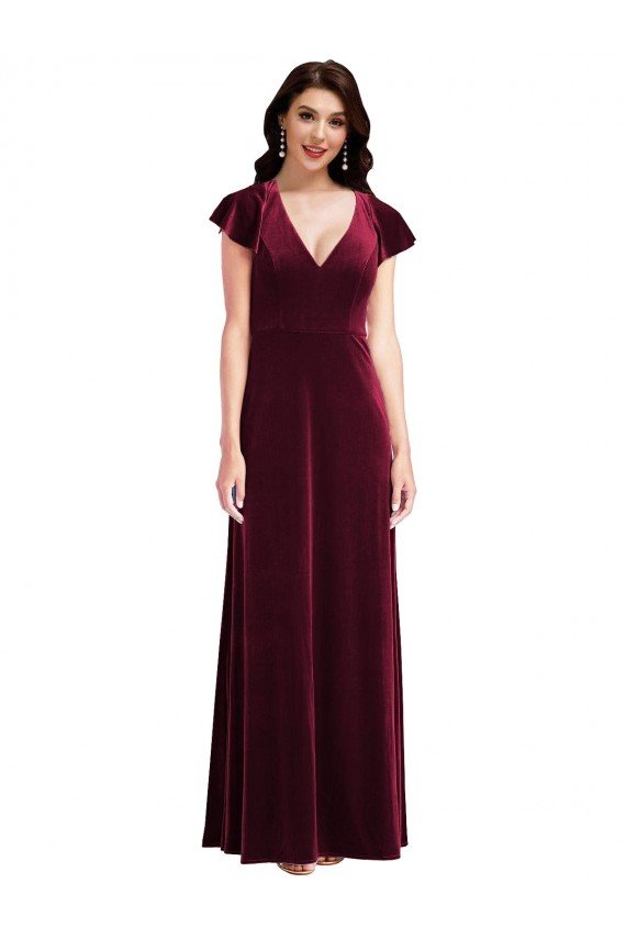 Cheapest Flutter Sleeve Velvet Maxi Bridesmaid Dress / Prom Dress with Pockets UK