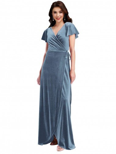 Cheapest Flutter Sleeve Velvet Wrap Maxi Bridesmaid Dress / Prom Dress with Pockets UK