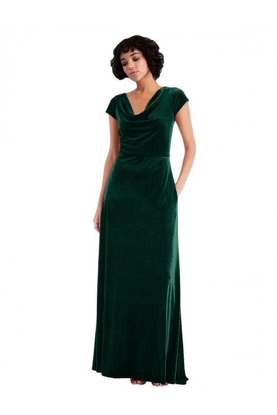 Cheapest Cowl Neck Cap Sleeve Velvet Maxi Bridesmaid Dress / Prom Dress with Pockets UK