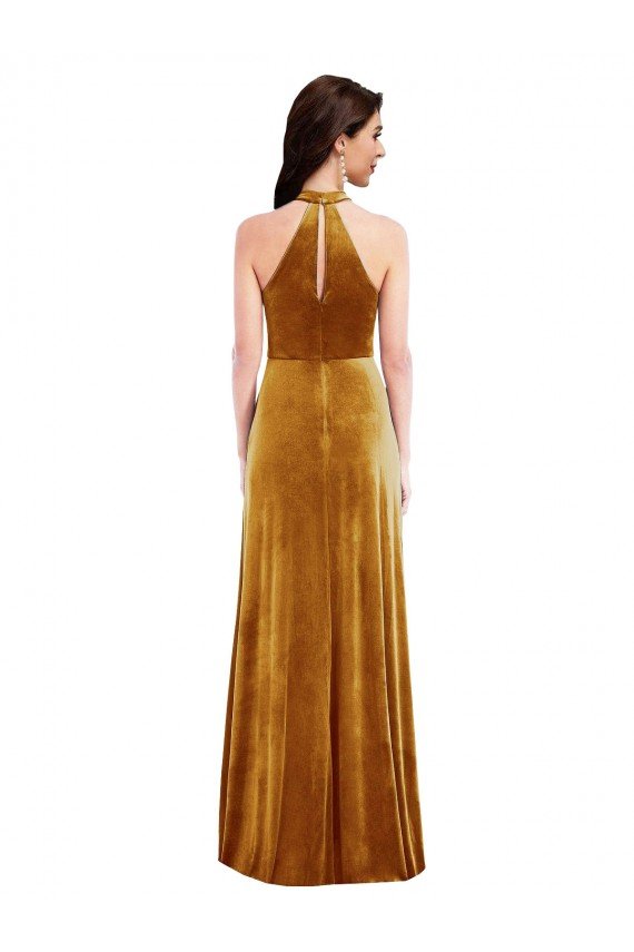 Cheapest High-Neck Halter Velvet Maxi Bridesmaid Dress / Prom Dress with Front Slit UK