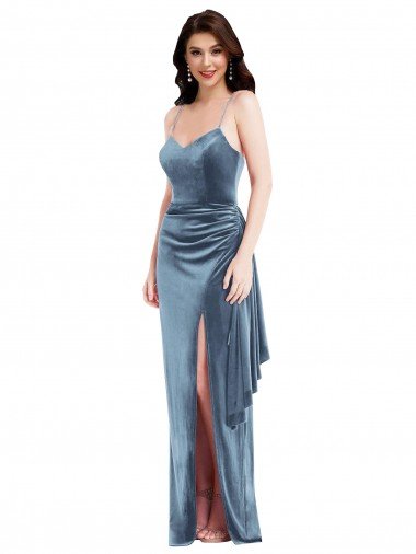 Cheapest Spaghetti Strap Formal Velvet Maxi Bridesmaid Dress / Prom Dress with Draped Skirt UK