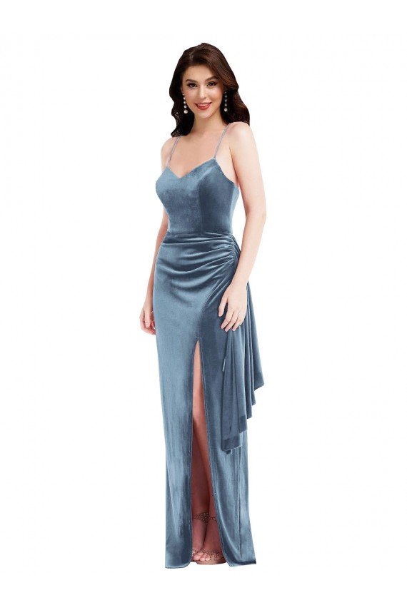 Cheapest Spaghetti Strap Formal Velvet Maxi Bridesmaid Dress / Prom Dress with Draped Skirt UK