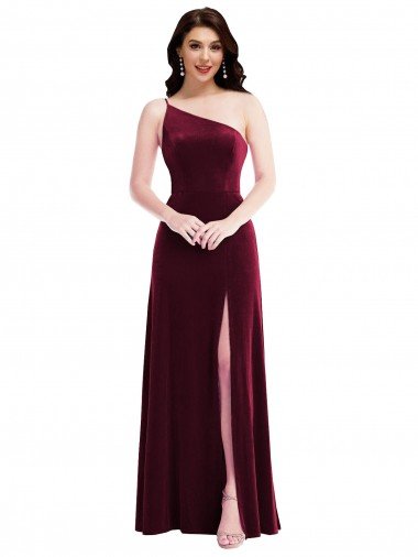 Cheapest One Shoulder Spaghetti Strap Velvet Maxi Bridesmaid Dress / Prom Dress with Pockets UK