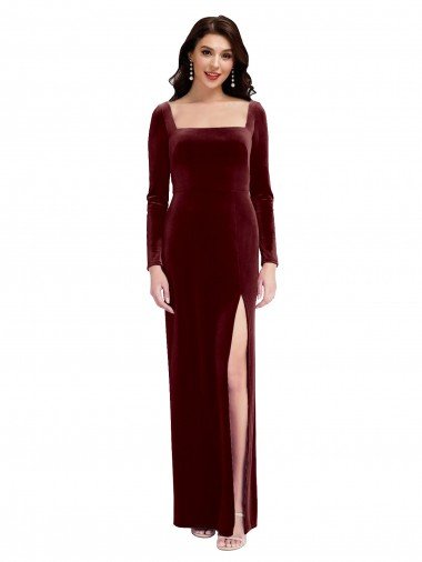 Cheapest Sleek Square Neck Spaghetti Straps Velvet Bridesmaid Dress / Prom Dress with Side Slit UK