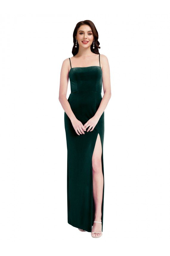 Cheapest Straight Neckline Spaghetti Straps Long Velvet Bridesmaid Dress / Prom Dress with High Side Slit UK