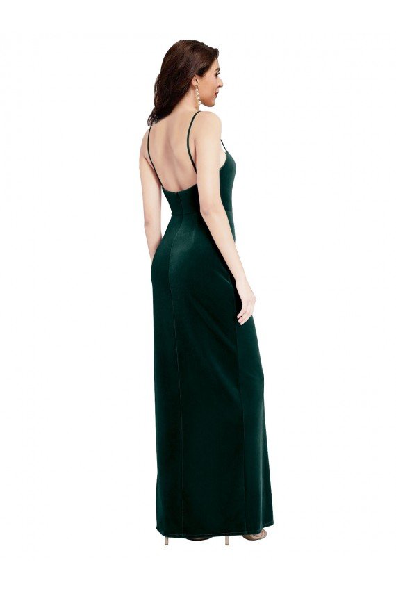 Cheapest Straight Neckline Spaghetti Straps Long Velvet Bridesmaid Dress / Prom Dress with High Side Slit UK