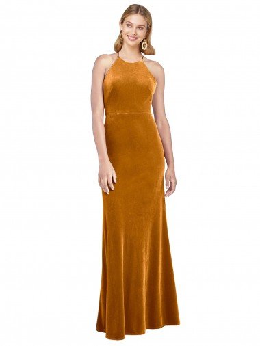 Cheapest Halter Neckline Long Full Length Formal Velvet Bridesmaid Dress / Prom Dress with Strappy Back UK