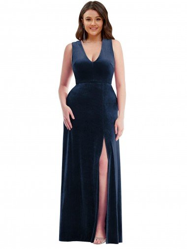 Cheapest Deep V-Neck Sleeveless Formal Velvet Maxi Bridesmaid Dress / Prom Dress with Pockets UK