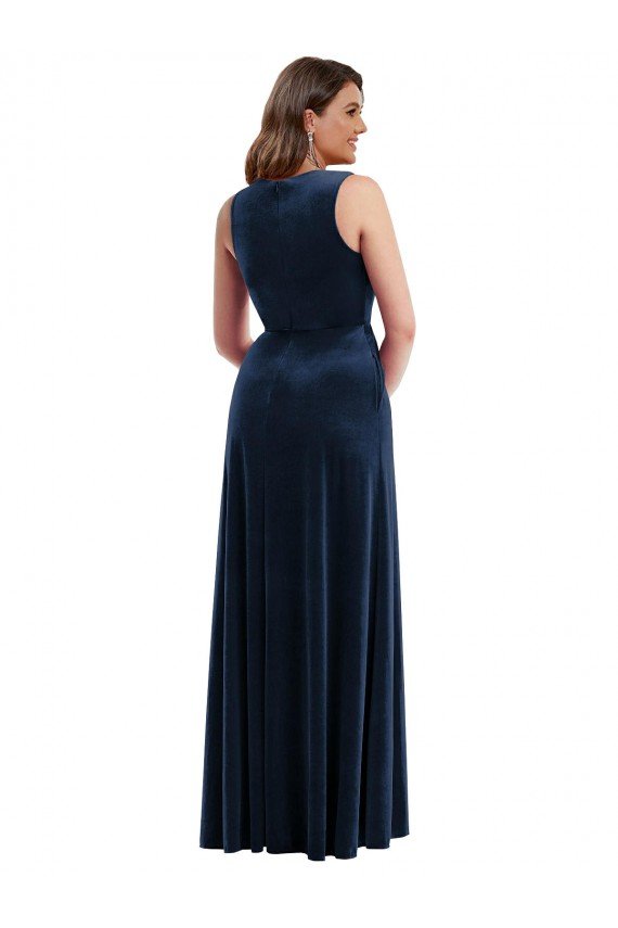 Cheapest Deep V-Neck Sleeveless Formal Velvet Maxi Bridesmaid Dress / Prom Dress with Pockets UK