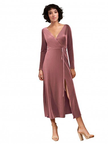 Cheapest Long Sleeve Velvet Faux Wrap Midi Length Bridesmaid Dress / Prom Dress UK